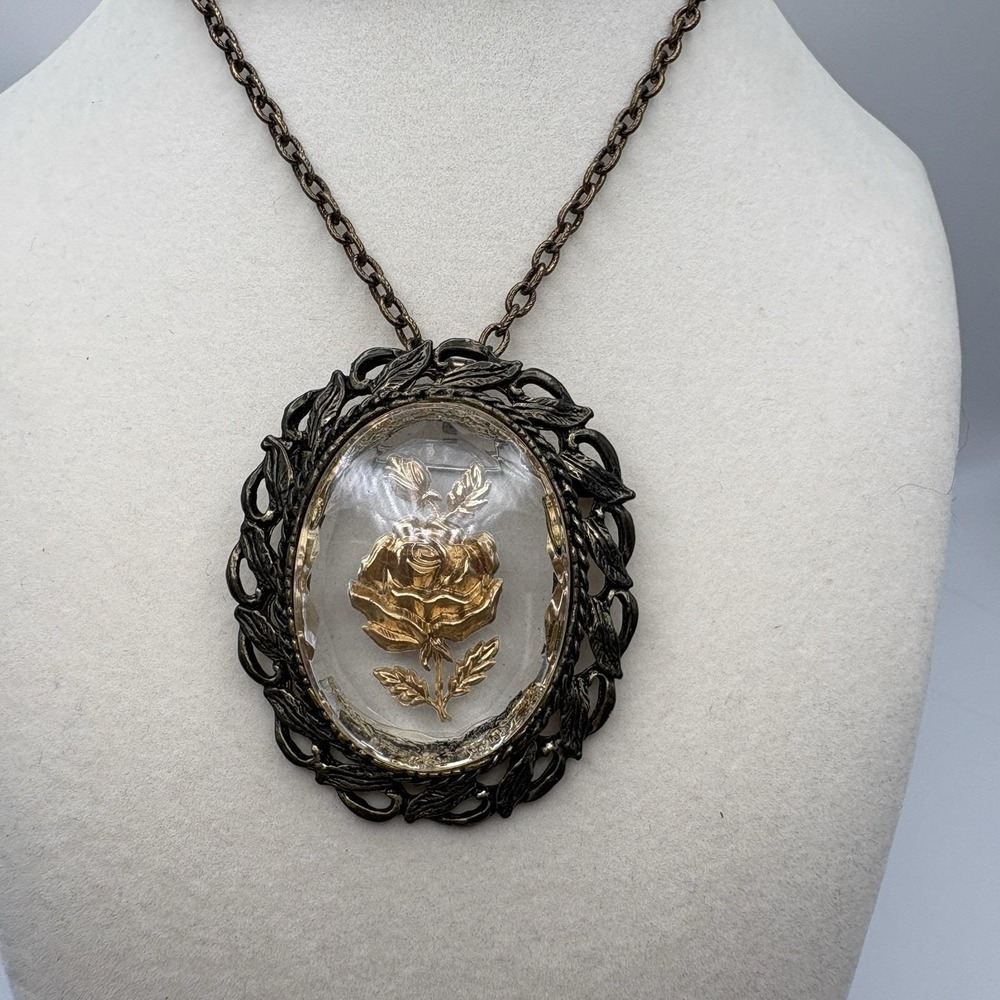 Vintage Reverse Carved Glass Floral Cameo Pendant Victorian Revival Bronze - Picture 3 of 8